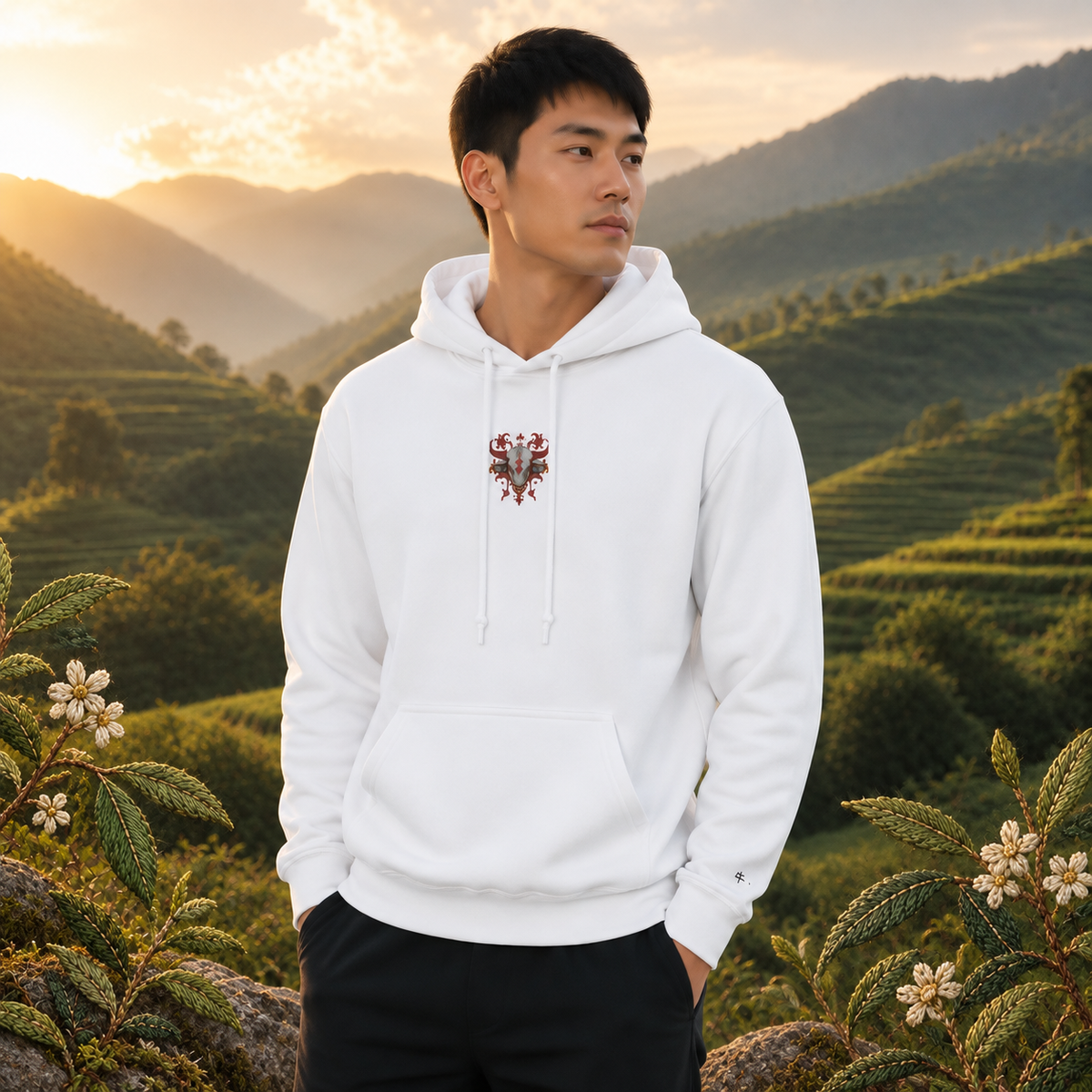 Ox Chinese Zodiac Hoodie in White – Bright Future product image — realistic model in an embroidered nature scene.