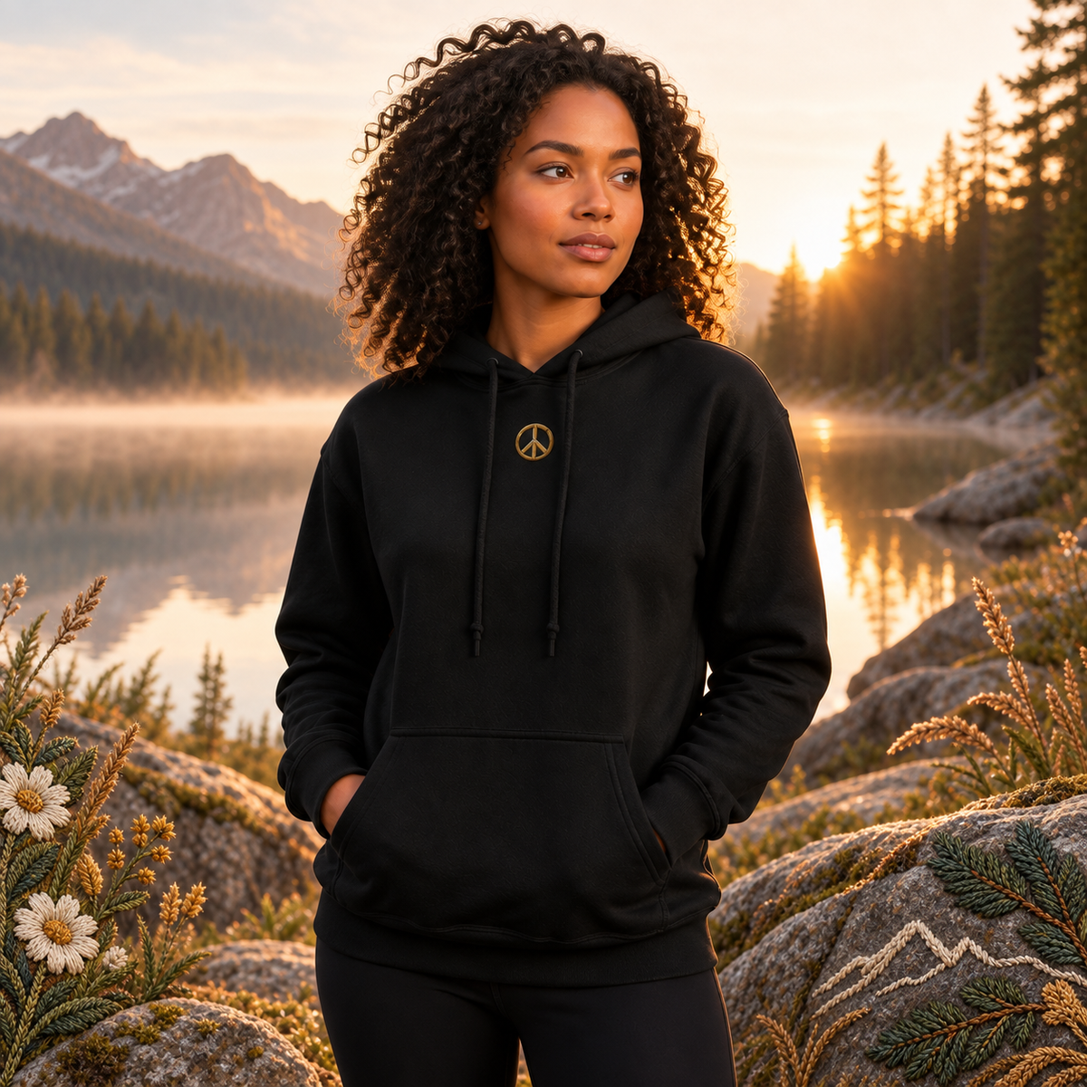 Peace Symbol Hoodie in Black – Bright Future product image — realistic model in an embroidered nature scene.