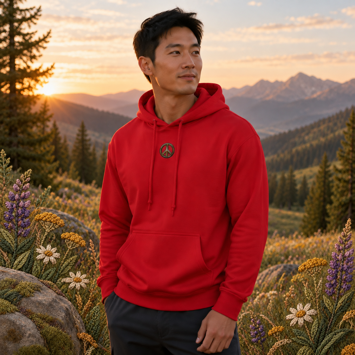 Peace Symbol Hoodie in Cherry Red – Bright Future product image — realistic model in an embroidered nature scene.