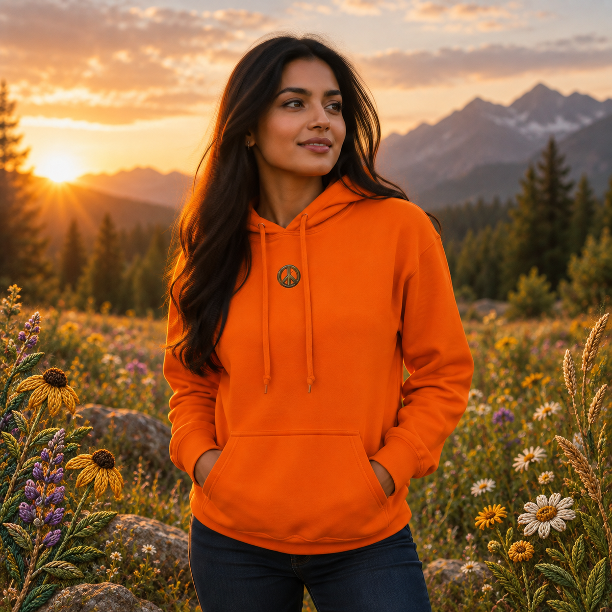 Peace Symbol Hoodie in Orange – Bright Future product image — realistic model in an embroidered nature scene.