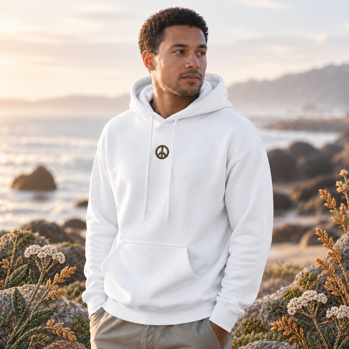 Peace Symbol Hoodie in White – Bright Future product image — realistic model in an embroidered nature scene.