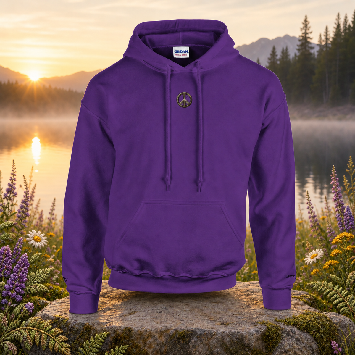 Peace Symbol Hoodie in Purple – Bright Future product image — original product in a realistic nature scene with embroidered environmental details.