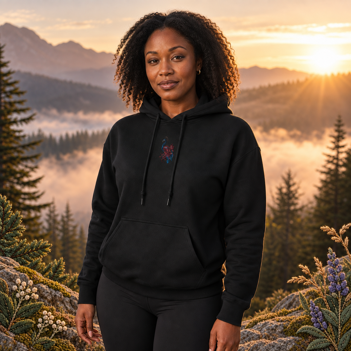 Peacock Hoodie in Black – Bright Future product image — realistic model in an embroidered nature scene.