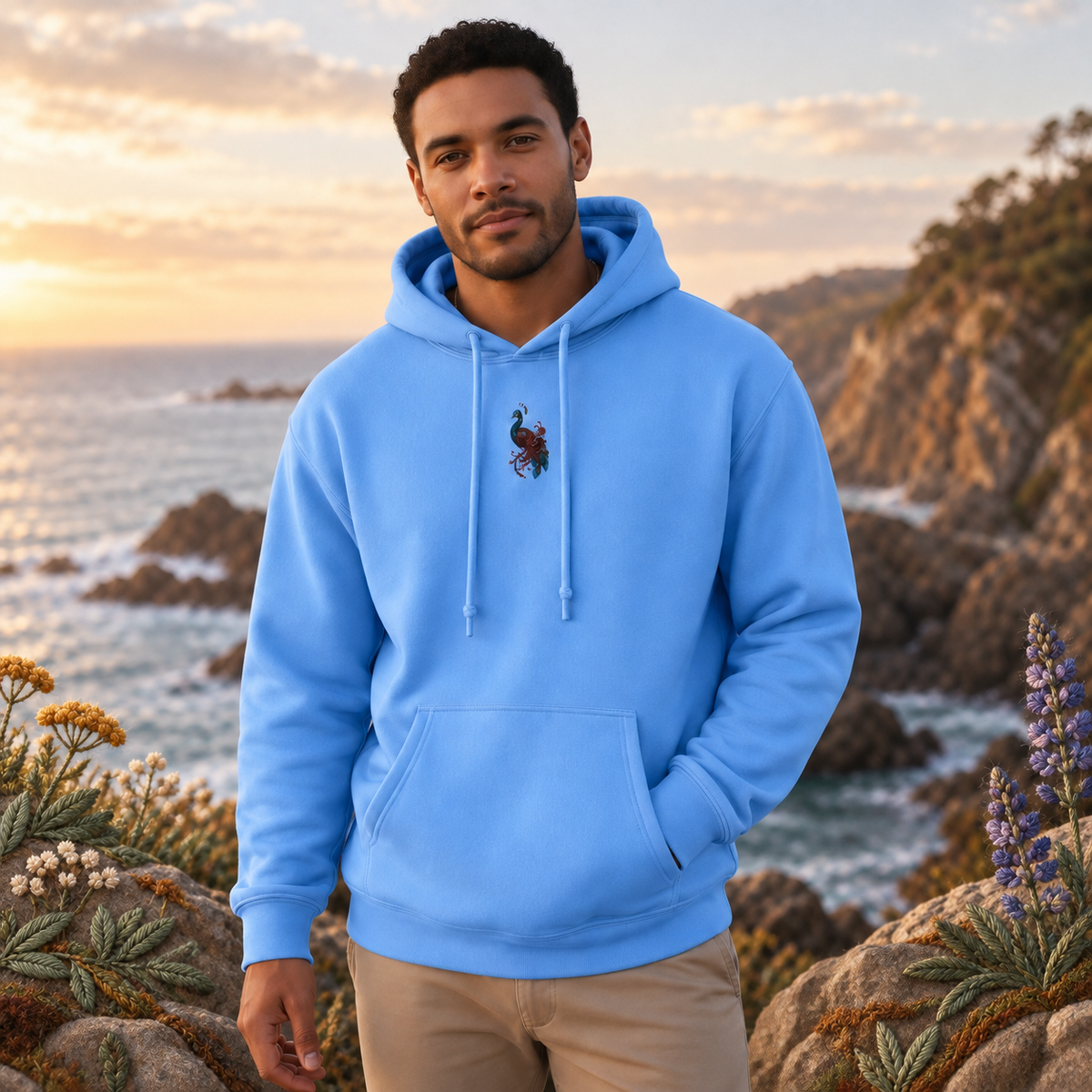 Peacock Hoodie in Carolina Blue – Bright Future product image — realistic model in an embroidered nature scene.
