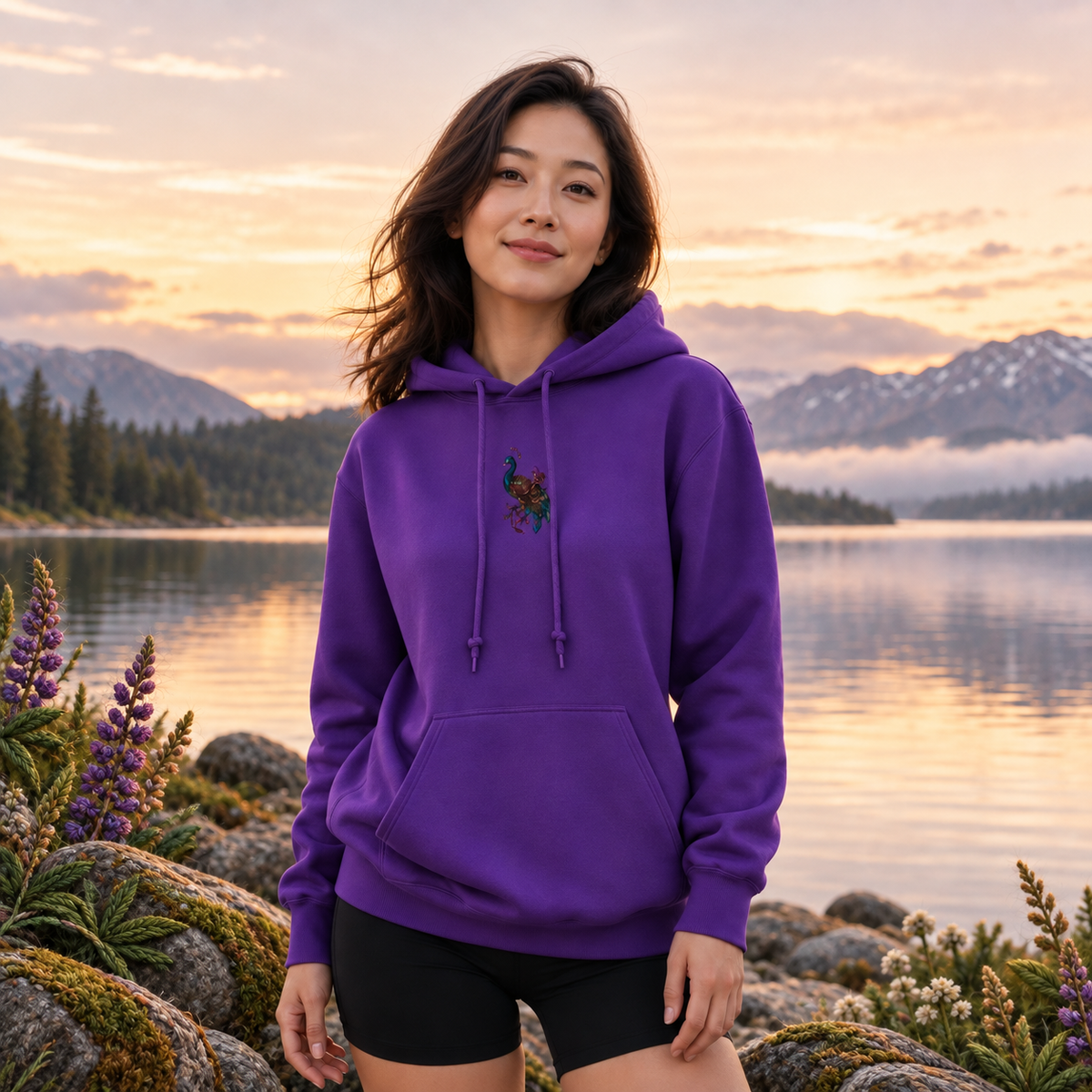 Peacock Hoodie in Purple – Bright Future product image — realistic model in an embroidered nature scene.