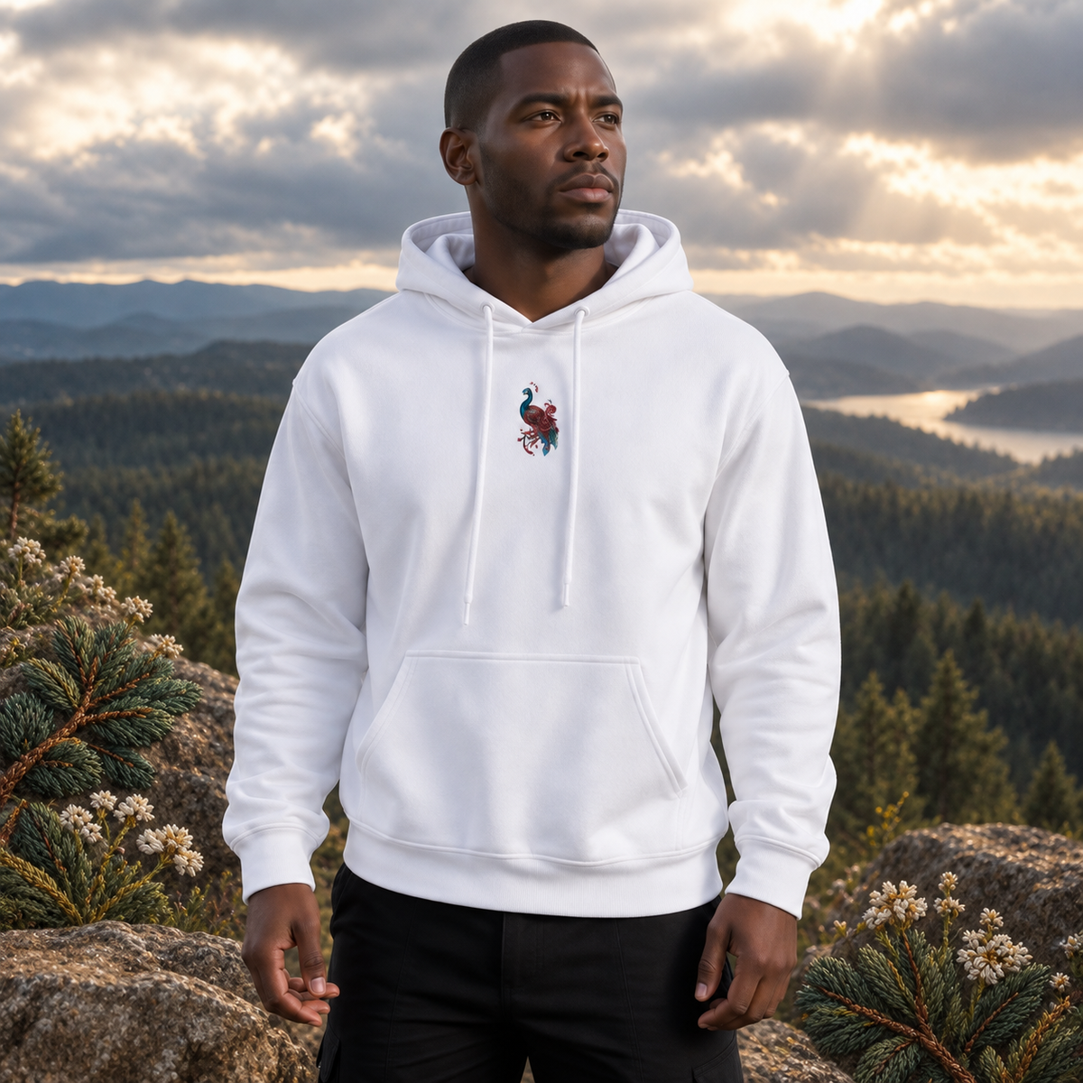 Peacock Hoodie in White – Bright Future product image — realistic model in an embroidered nature scene.