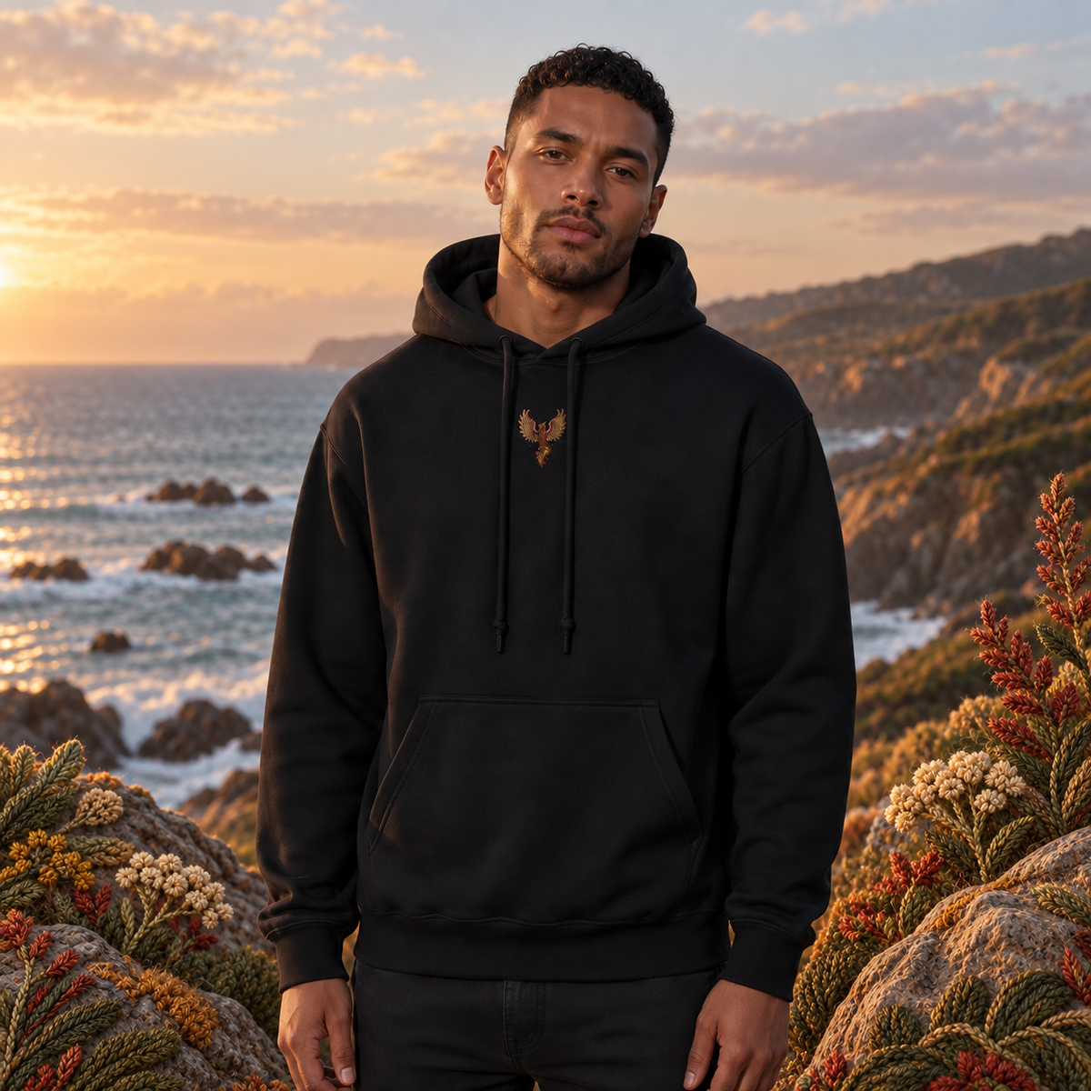 Phoenix Symbol Hoodie in Black – Bright Future product image — realistic model in an embroidered nature scene.