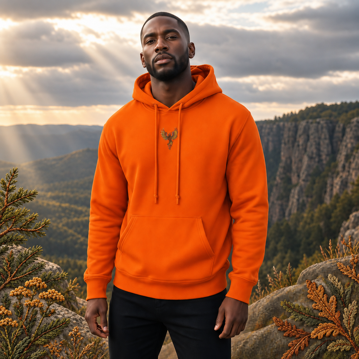 Phoenix Symbol Hoodie in Orange – Bright Future product image — realistic model in an embroidered nature scene.