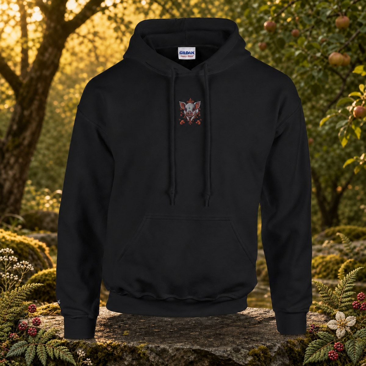 Pig Chinese Zodiac Hoodie in Black – Bright Future product image — original product in a realistic nature scene with embroidered environmental details.