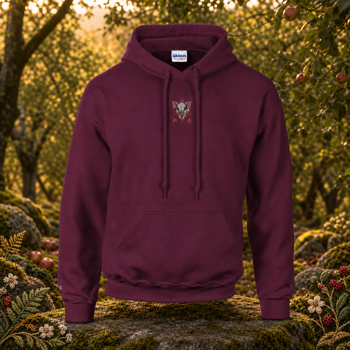 Pig Chinese Zodiac Hoodie in Maroon – Bright Future product image — original product in a realistic nature scene with embroidered environmental details.