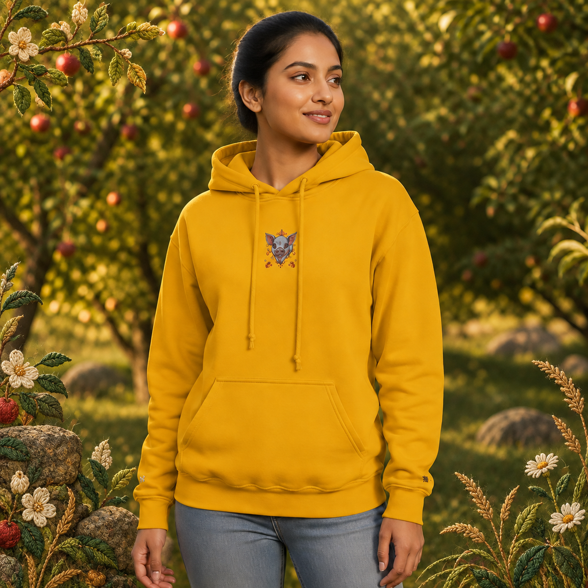 Pig Chinese Zodiac Hoodie in Gold – Bright Future product image — realistic model in an embroidered nature scene.