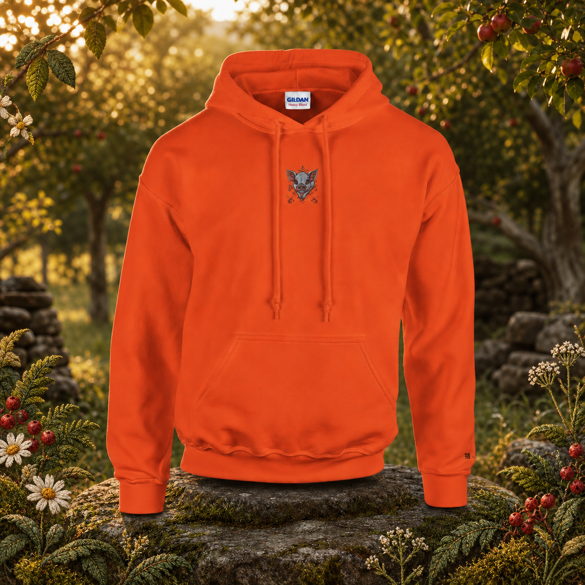 Pig Chinese Zodiac Hoodie in Orange – Bright Future product image — original product in a realistic nature scene with embroidered environmental details.