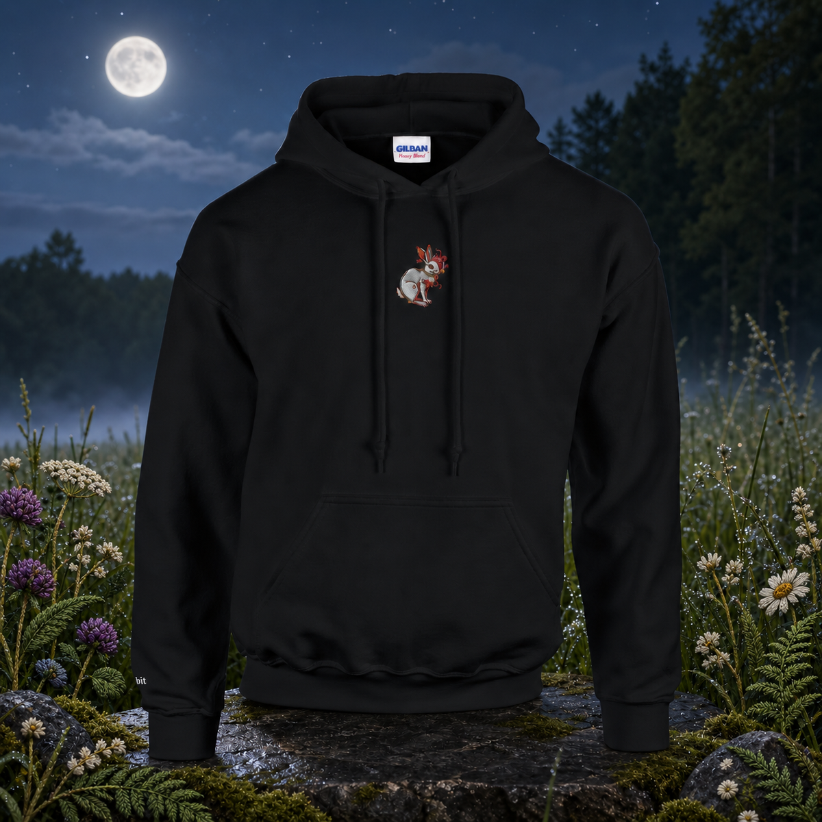 Rabbit Chinese Zodiac Hoodie in Black – Bright Future product image — original product in a realistic nature scene with embroidered environmental details.