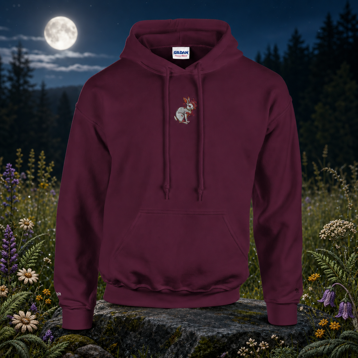 Rabbit Chinese Zodiac Hoodie in Maroon – Bright Future product image — original product in a realistic nature scene with embroidered environmental details.