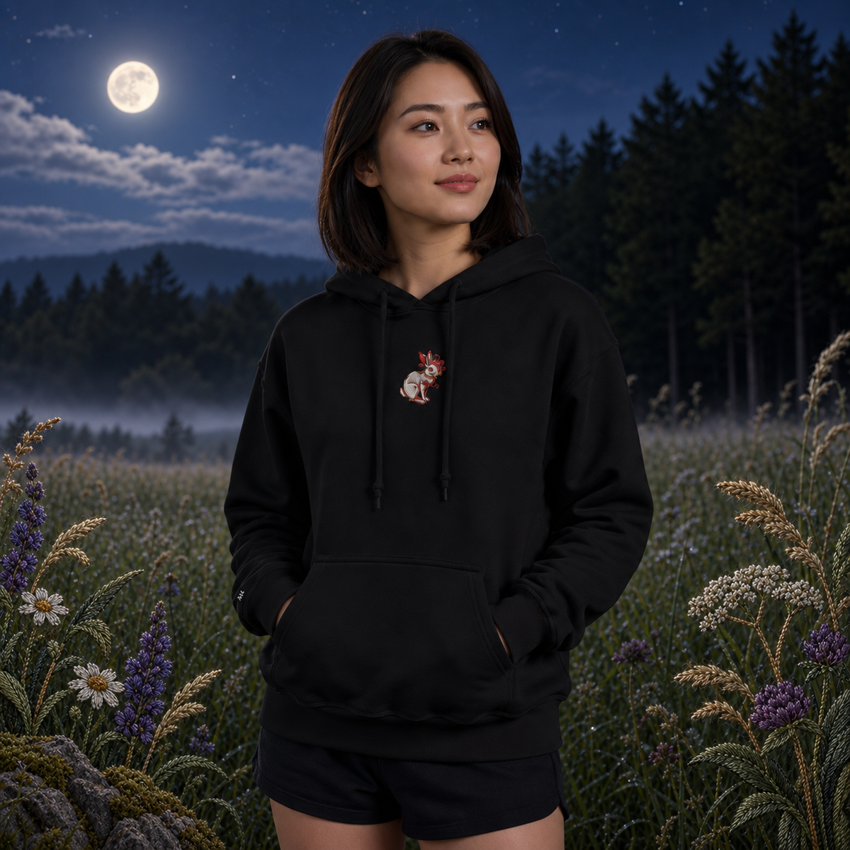 Rabbit Chinese Zodiac Hoodie in Black – Bright Future product image — realistic model in an embroidered nature scene.
