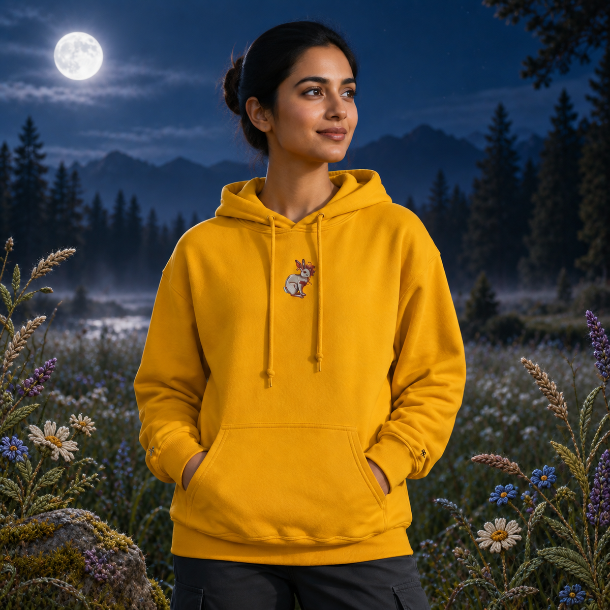 Rabbit Chinese Zodiac Hoodie in Gold – Bright Future product image — realistic model in an embroidered nature scene.
