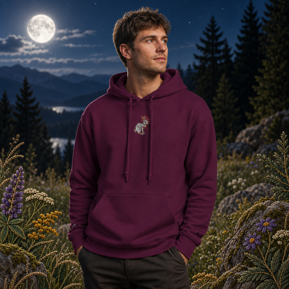 Rabbit Chinese Zodiac Hoodie in Maroon – Bright Future product image — realistic model in an embroidered nature scene.