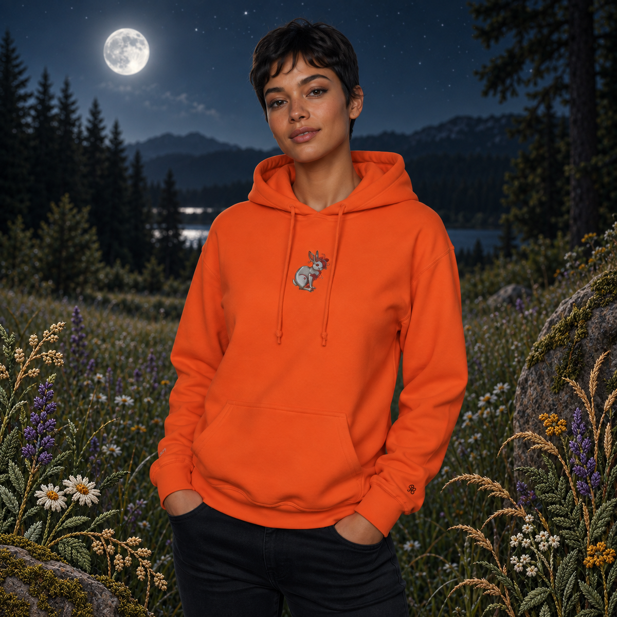 Rabbit Chinese Zodiac Hoodie in Orange – Bright Future product image — realistic model in an embroidered nature scene.