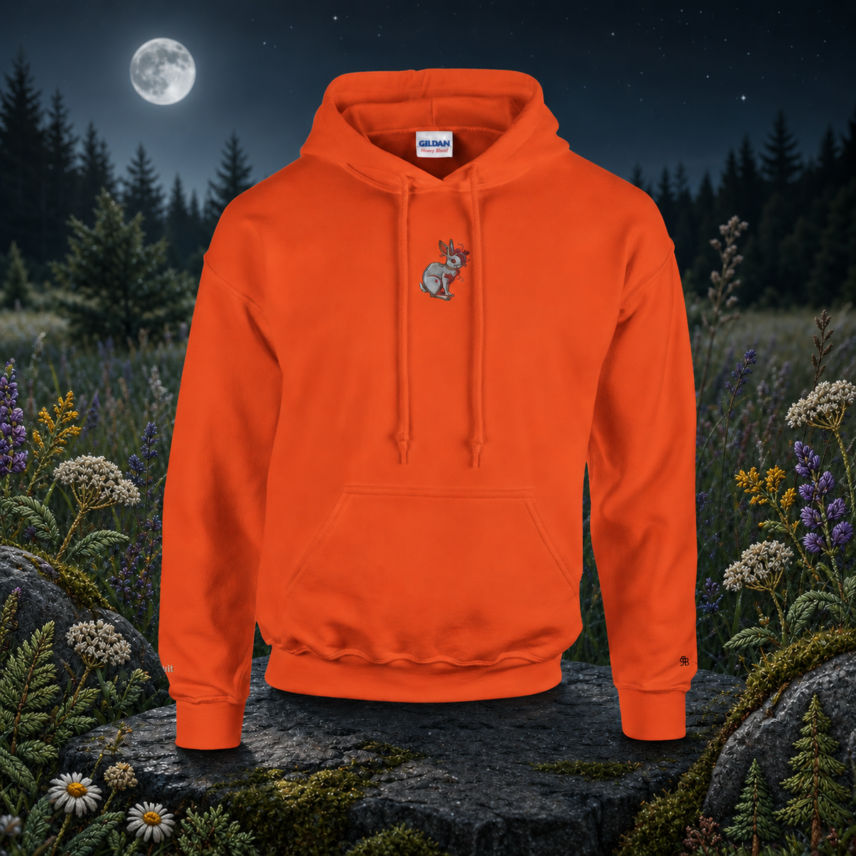 Rabbit Chinese Zodiac Hoodie in Orange – Bright Future product image — original product in a realistic nature scene with embroidered environmental details.