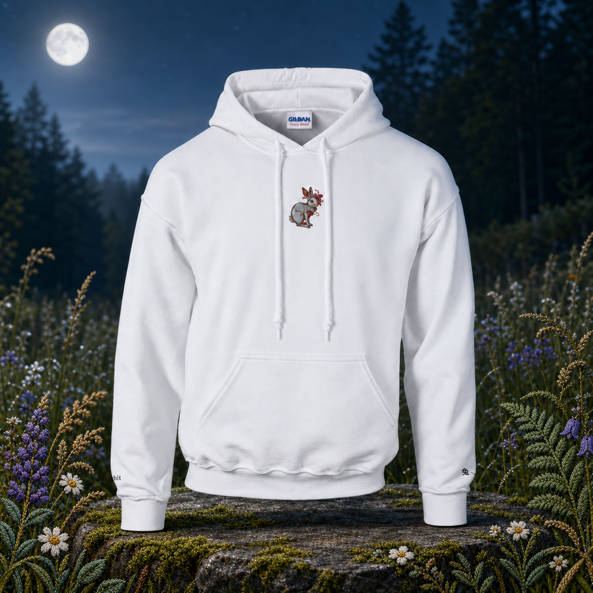 Rabbit Chinese Zodiac Hoodie in White – Bright Future product image — original product in a realistic nature scene with embroidered environmental details.