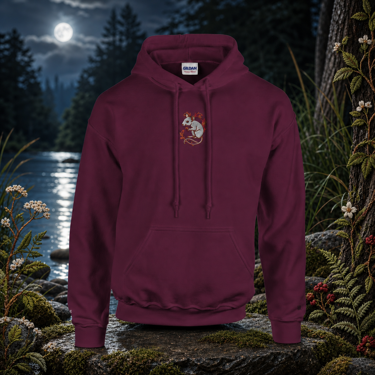 Rat Chinese Zodiac Hoodie in Maroon – Bright Future product image — original product in a realistic nature scene with embroidered environmental details.