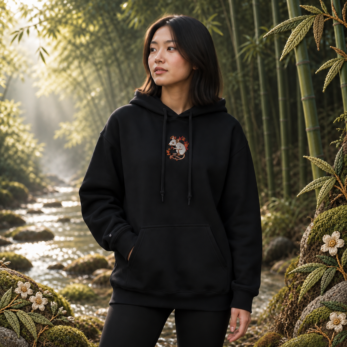 Rat Chinese Zodiac Hoodie in Black – Bright Future product image — realistic model in an embroidered nature scene.