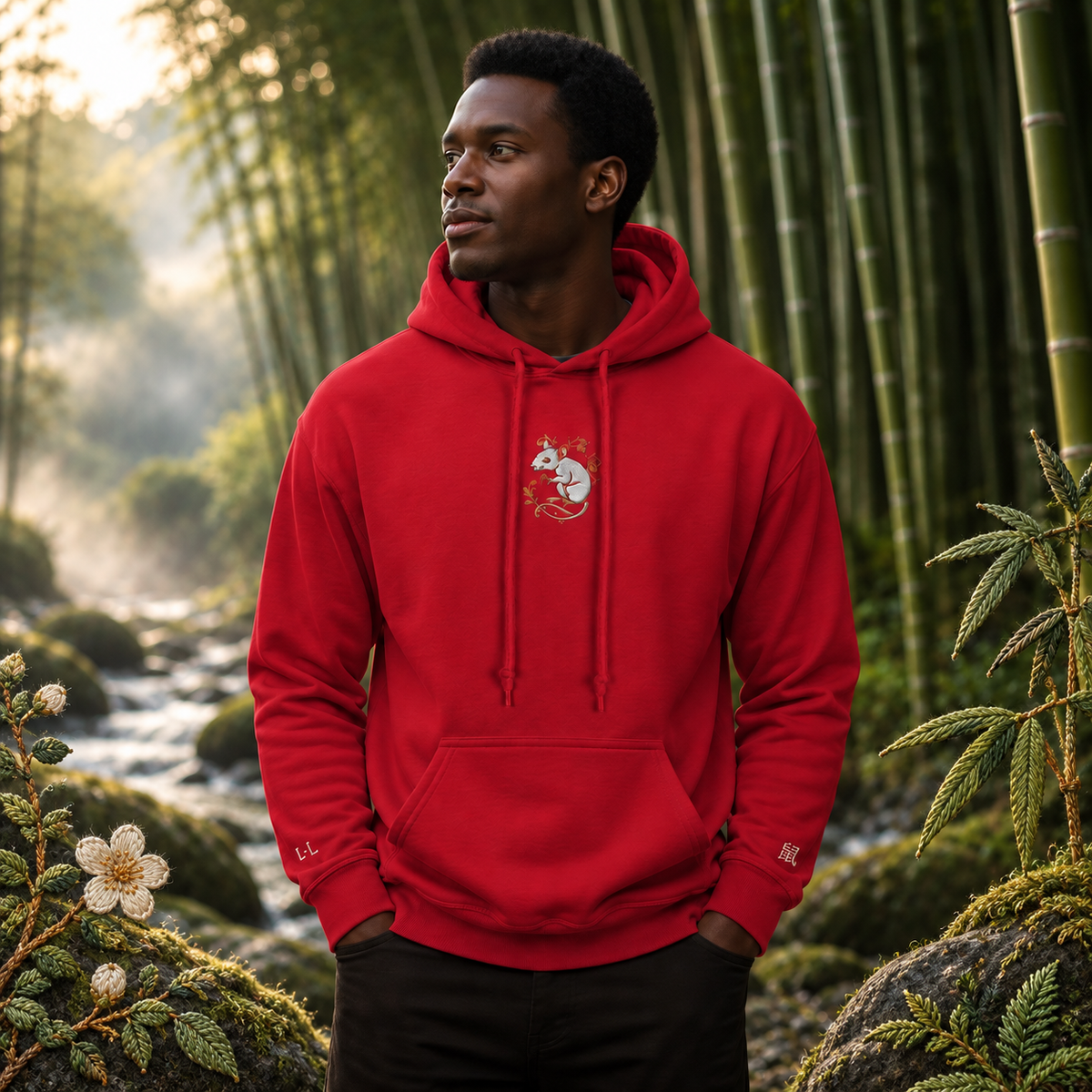 Rat Chinese Zodiac Hoodie in Cherry Red – Bright Future product image — realistic model in an embroidered nature scene.