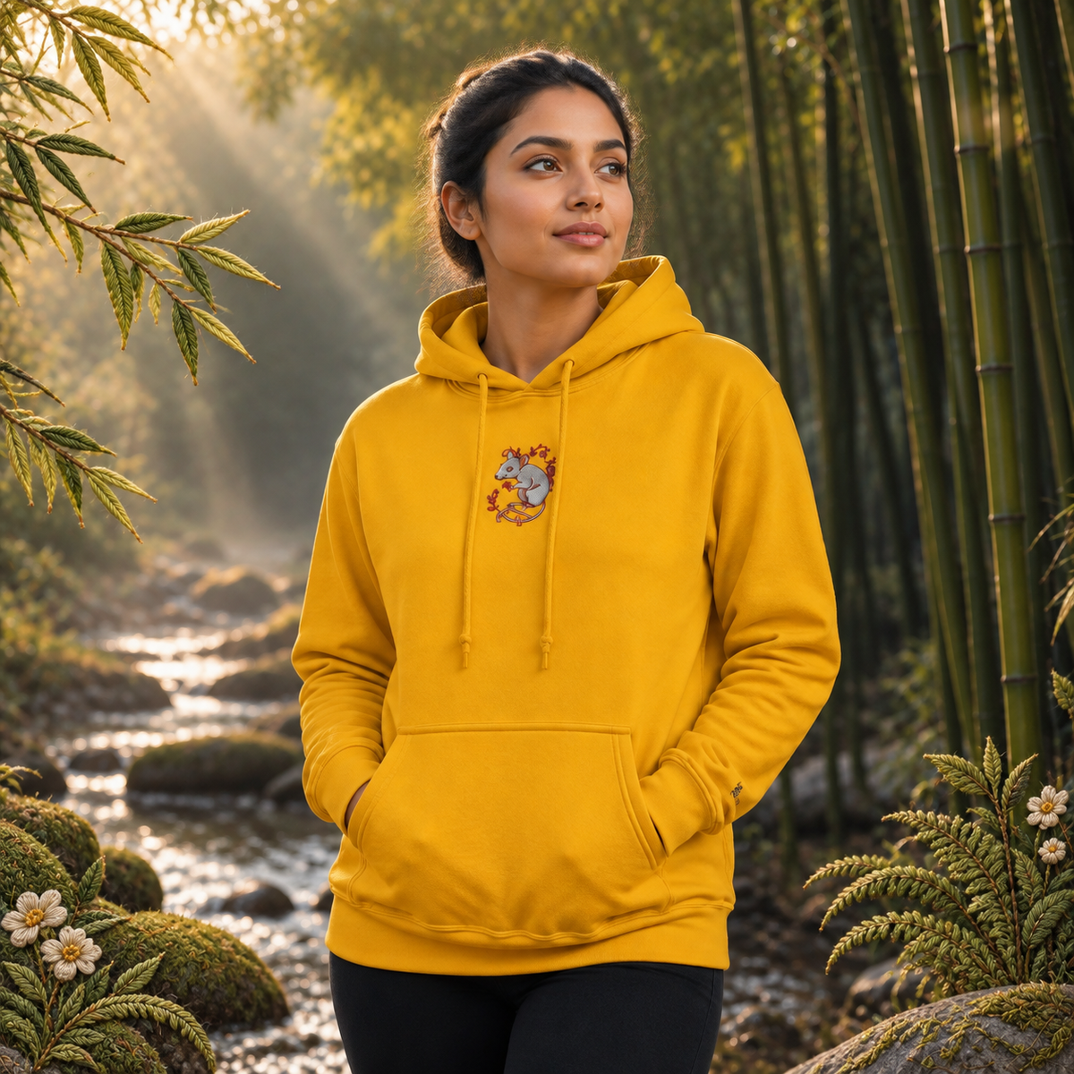 Rat Chinese Zodiac Hoodie in Gold – Bright Future product image — realistic model in an embroidered nature scene.