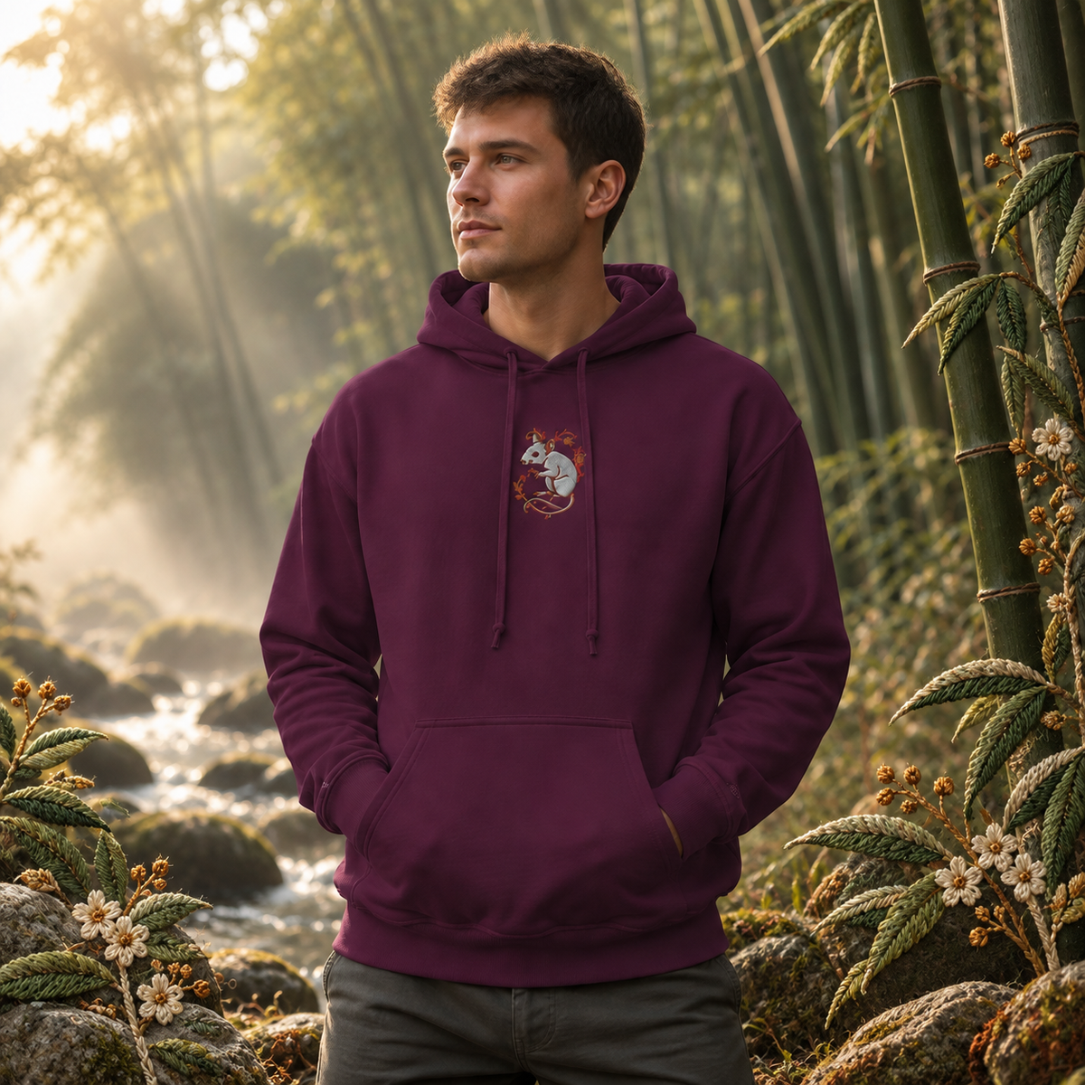 Rat Chinese Zodiac Hoodie in Maroon – Bright Future product image — realistic model in an embroidered nature scene.