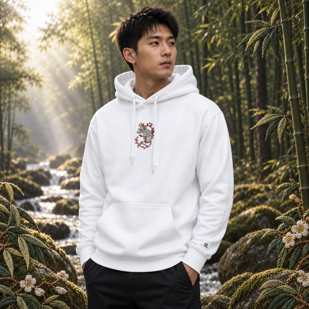 Rat Chinese Zodiac Hoodie in White – Bright Future product image — realistic model in an embroidered nature scene.