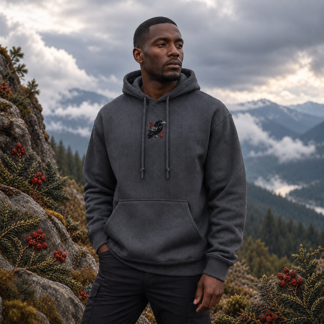 Raven Hoodie in Dark Heather – Bright Future product image — realistic model in an embroidered nature scene.