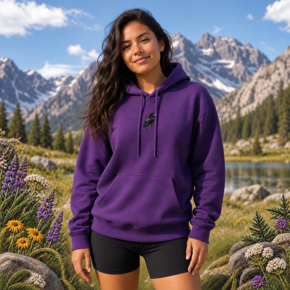 Raven Hoodie in Purple – Bright Future product image — realistic model in an embroidered nature scene.