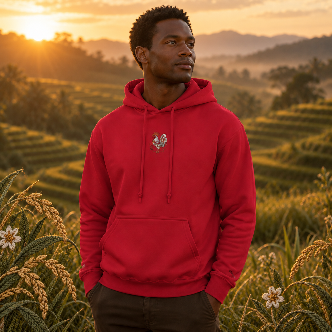 Rooster Chinese Zodiac Hoodie in Cherry Red – Bright Future product image — realistic model in an embroidered nature scene.