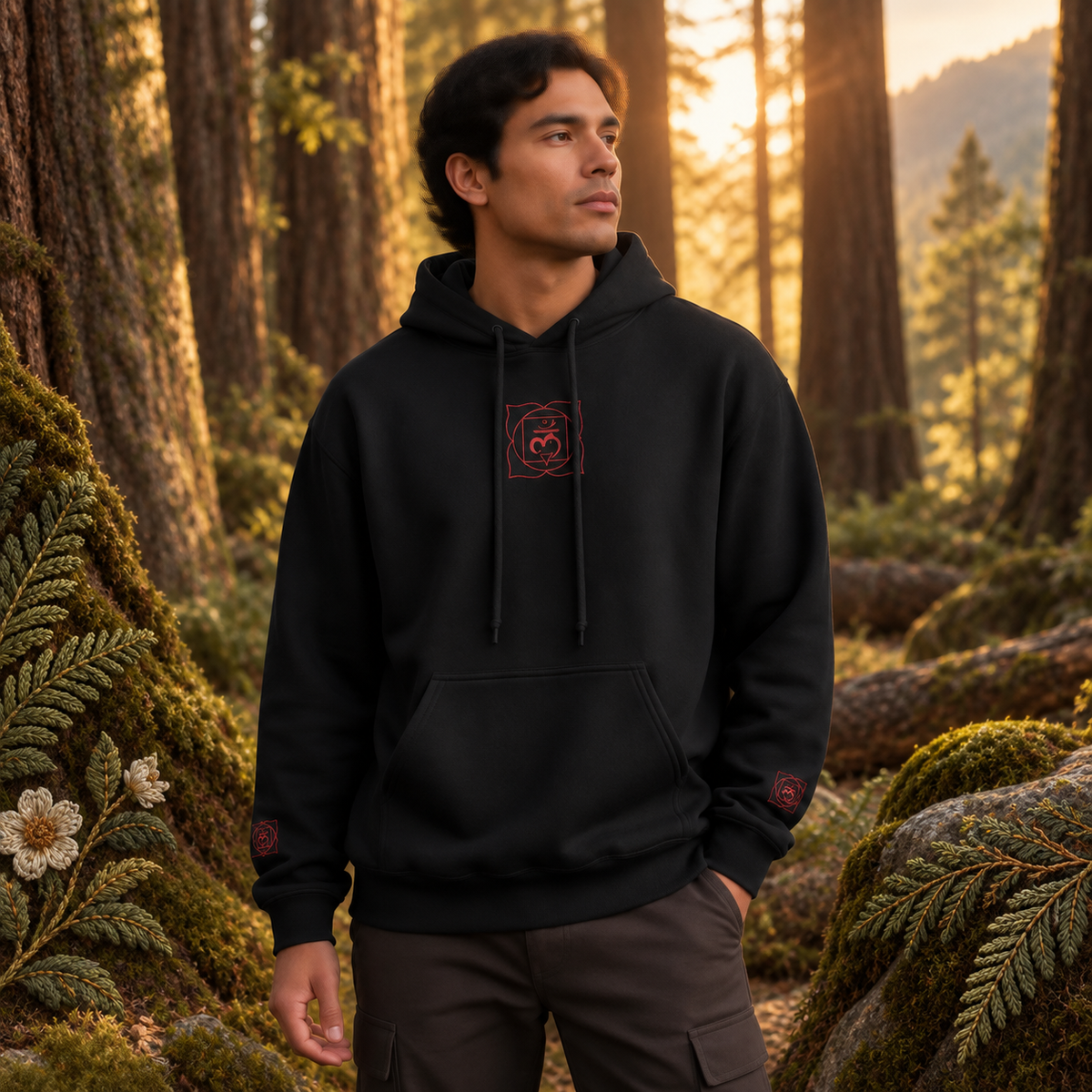 Root Chakra Hoodie in Black – Bright Future product image — realistic model in an embroidered nature scene.