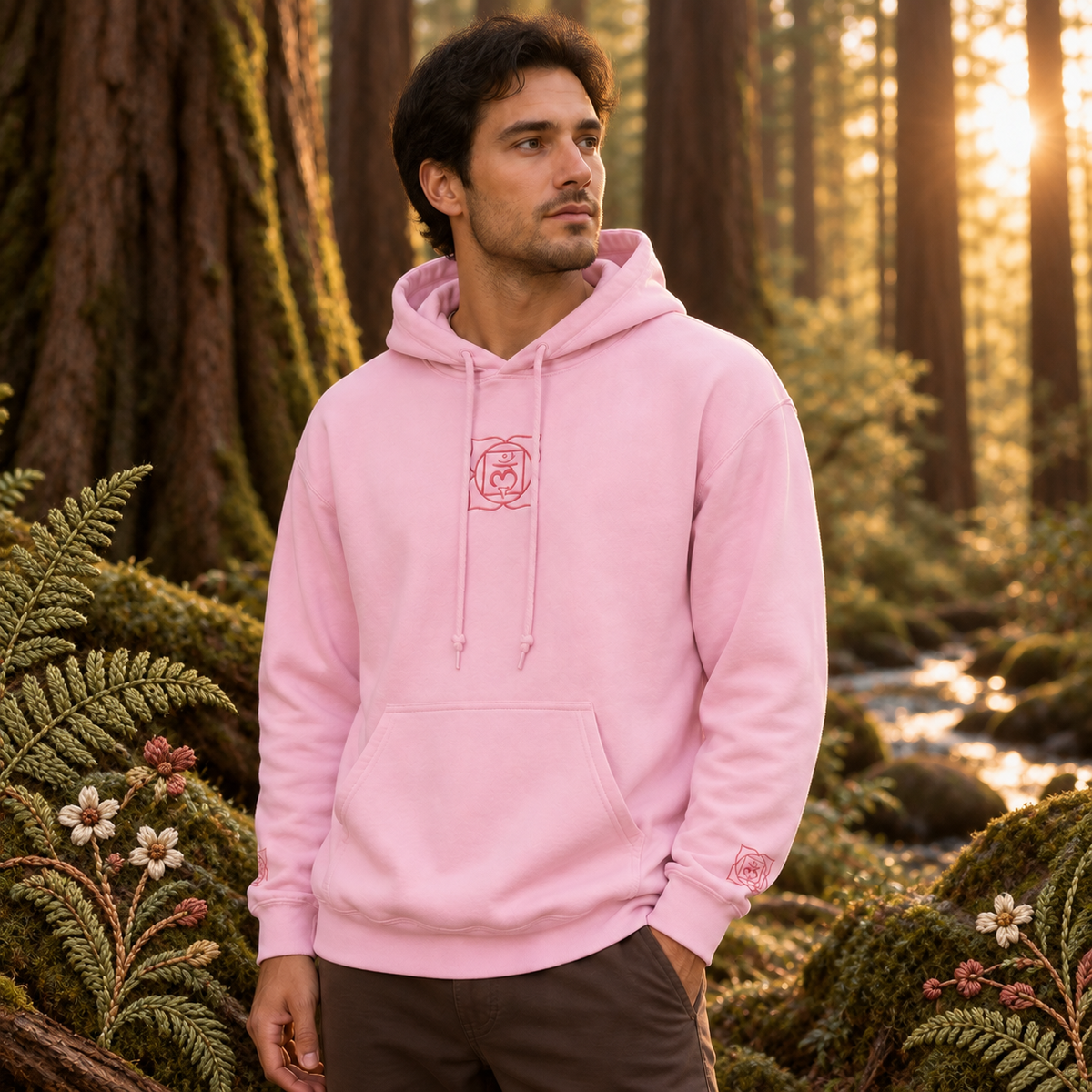 Root Chakra Hoodie in Light Pink – Bright Future product image — realistic model in an embroidered nature scene.
