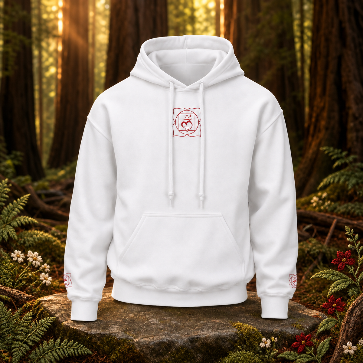 Root Chakra Hoodie in White – Bright Future product image — original product in a realistic nature scene with embroidered environmental details.