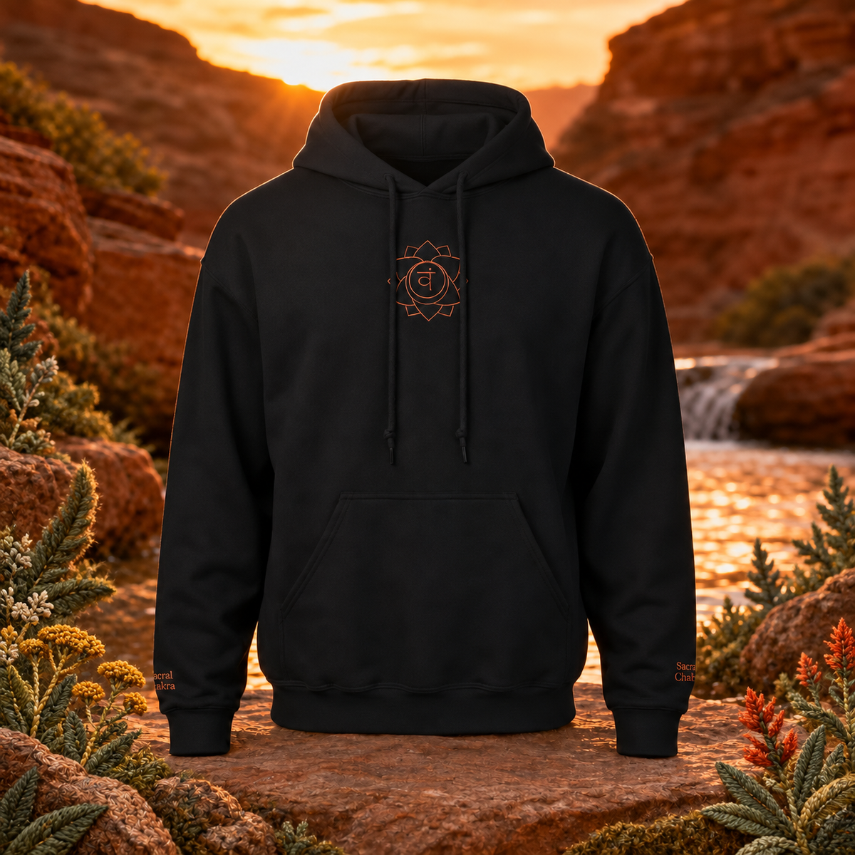 Sacral Chakra Hoodie in Black – Bright Future product image — original product in a realistic nature scene with embroidered environmental details.