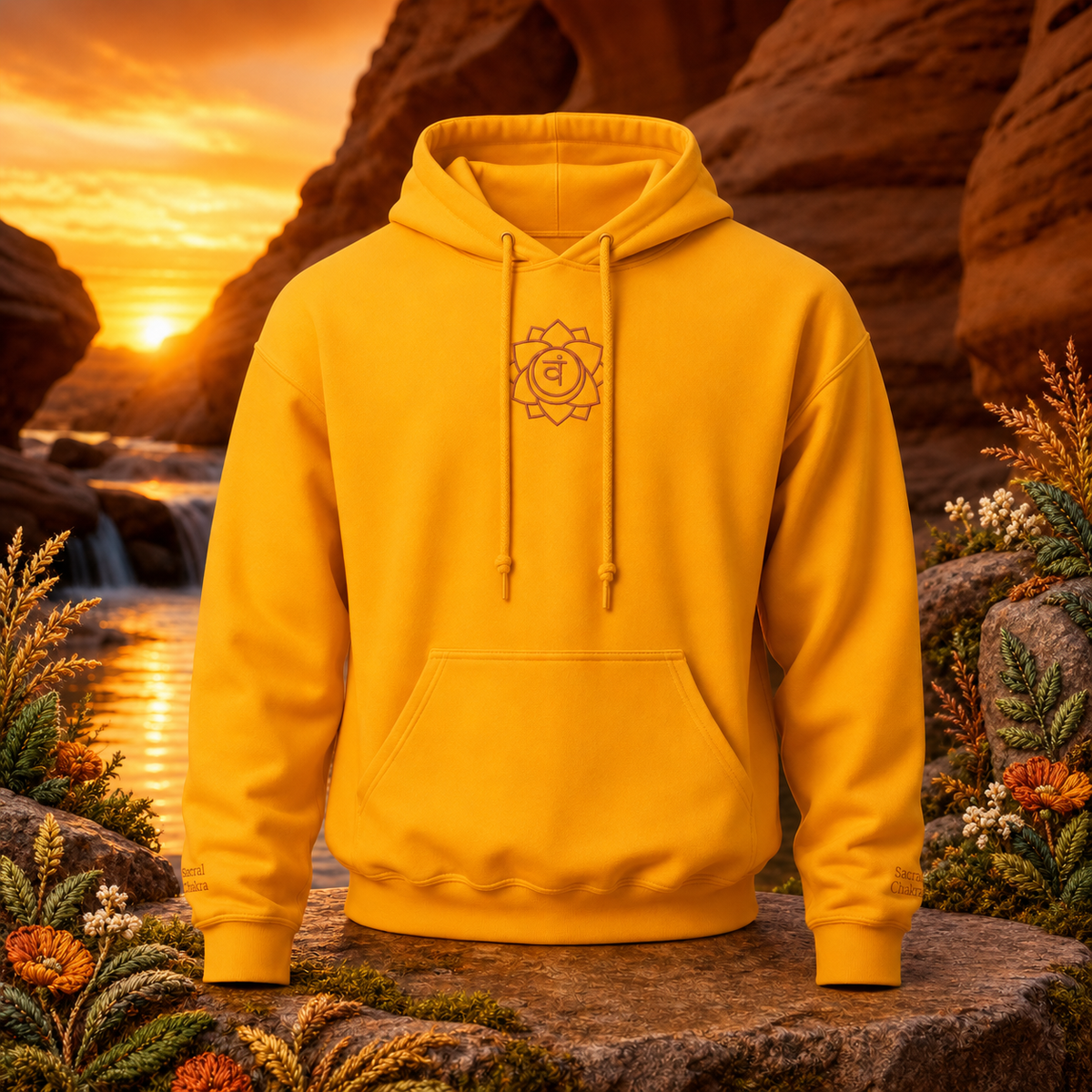Sacral Chakra Hoodie in Gold – Bright Future product image — original product in a realistic nature scene with embroidered environmental details.