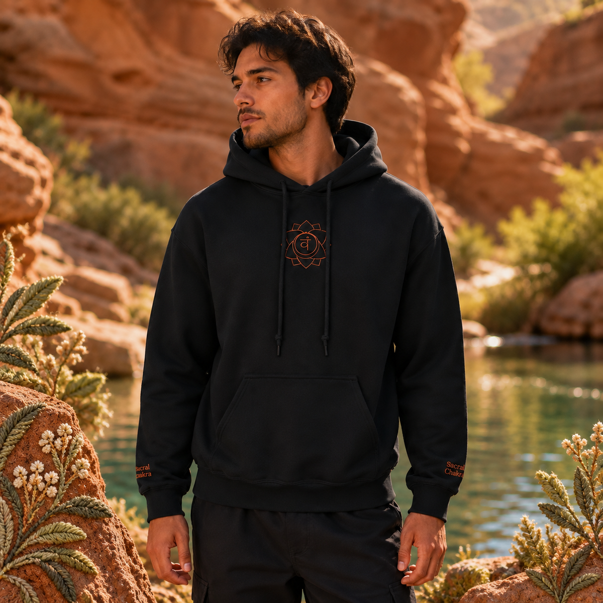 Sacral Chakra Hoodie in Black – Bright Future product image — realistic model in an embroidered nature scene.