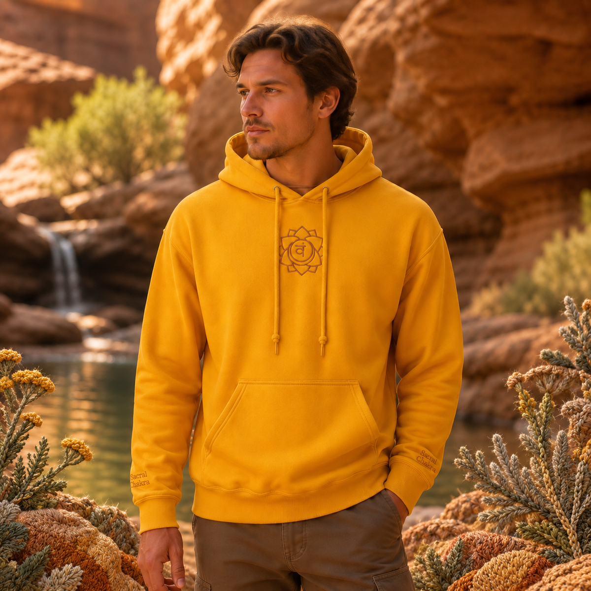 Sacral Chakra Hoodie in Gold – Bright Future product image — realistic model in an embroidered nature scene.