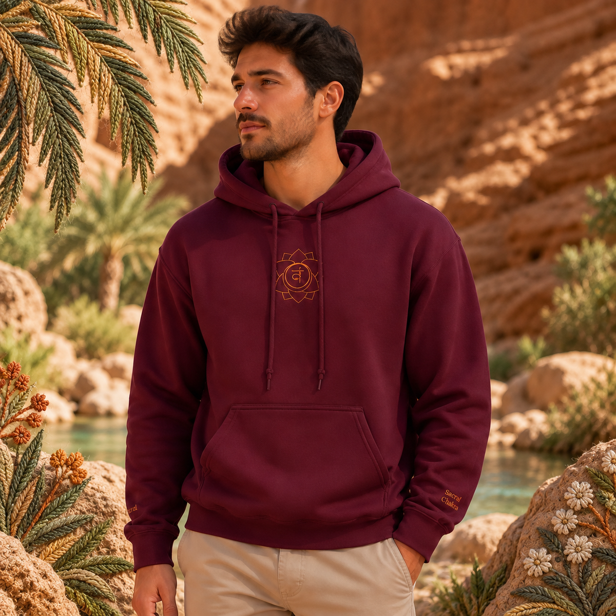 Sacral Chakra Hoodie in Maroon – Bright Future product image — realistic model in an embroidered nature scene.