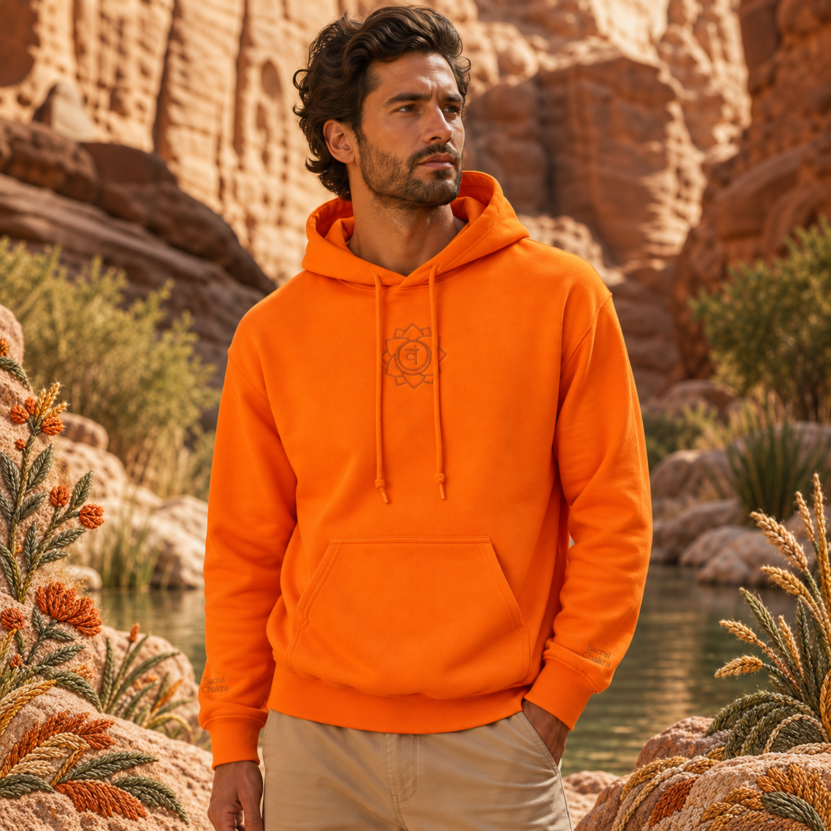 Sacral Chakra Hoodie in Orange – Bright Future product image — realistic model in an embroidered nature scene.