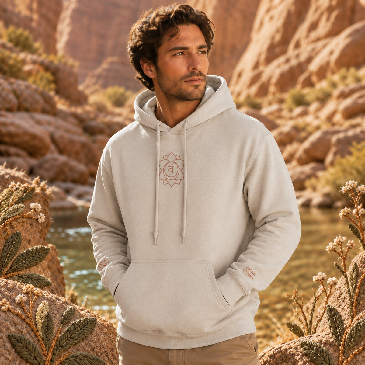 Sacral Chakra Hoodie in Sand – Bright Future product image — realistic model in an embroidered nature scene.