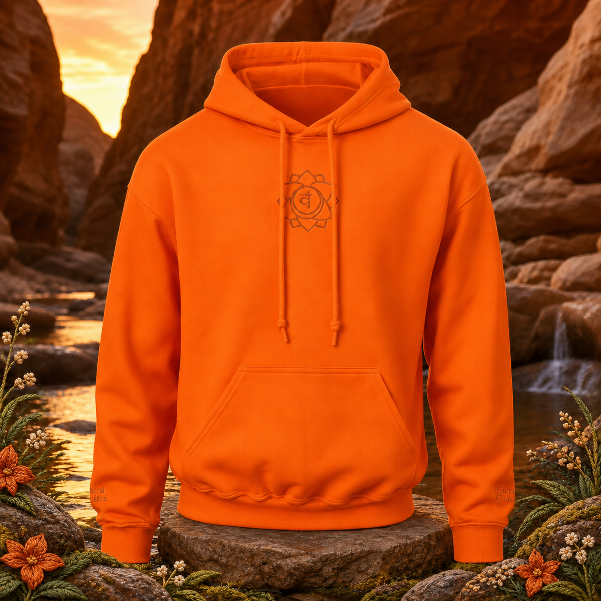 Sacral Chakra Hoodie in Orange – Bright Future product image — original product in a realistic nature scene with embroidered environmental details.