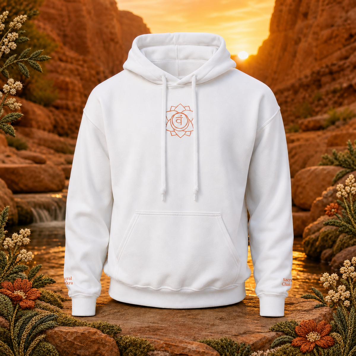 Sacral Chakra Hoodie in White – Bright Future product image — original product in a realistic nature scene with embroidered environmental details.