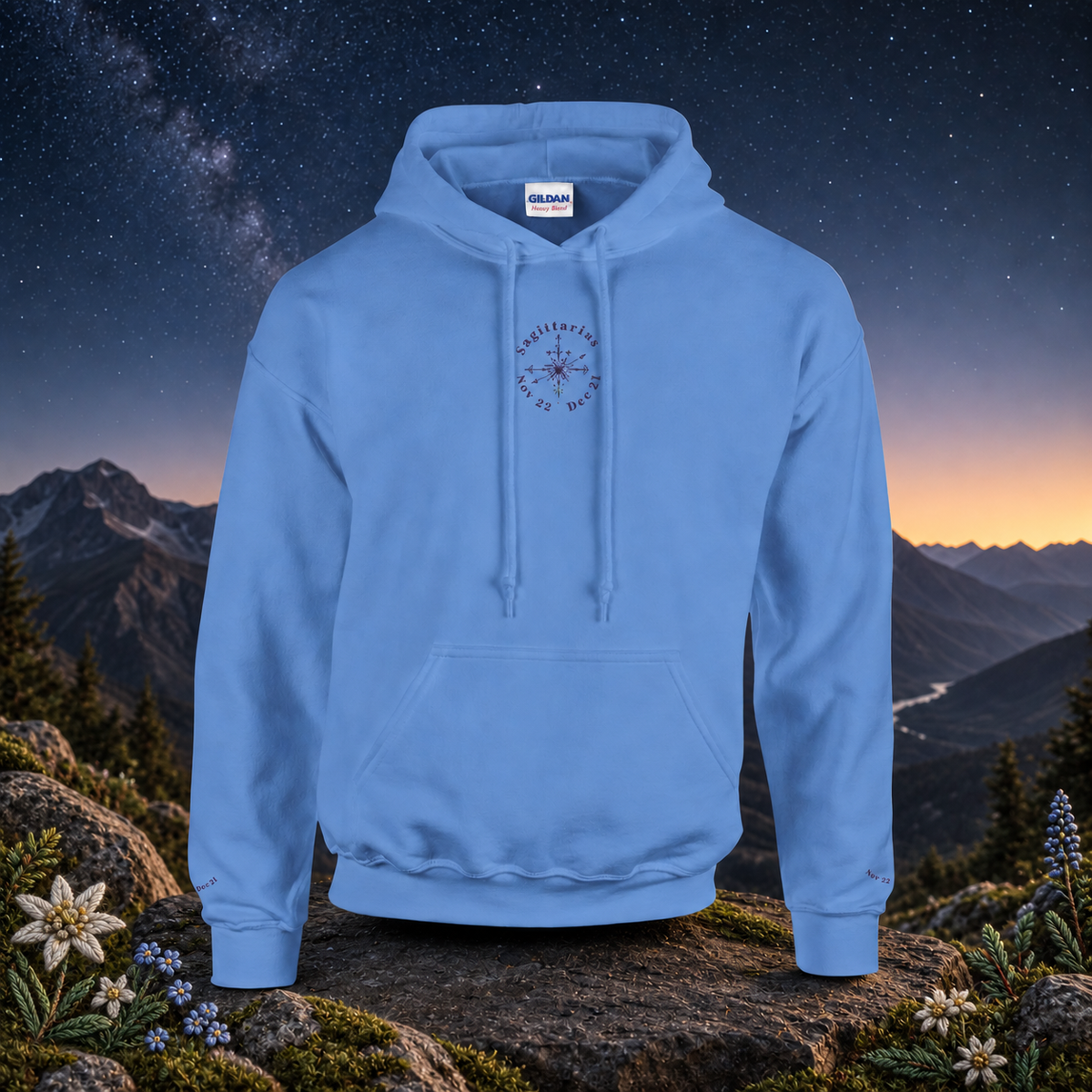 Sagittarius Zodiac Hoodie in Carolina Blue – Bright Future product image — original product in a realistic nature scene with embroidered environmental details.
