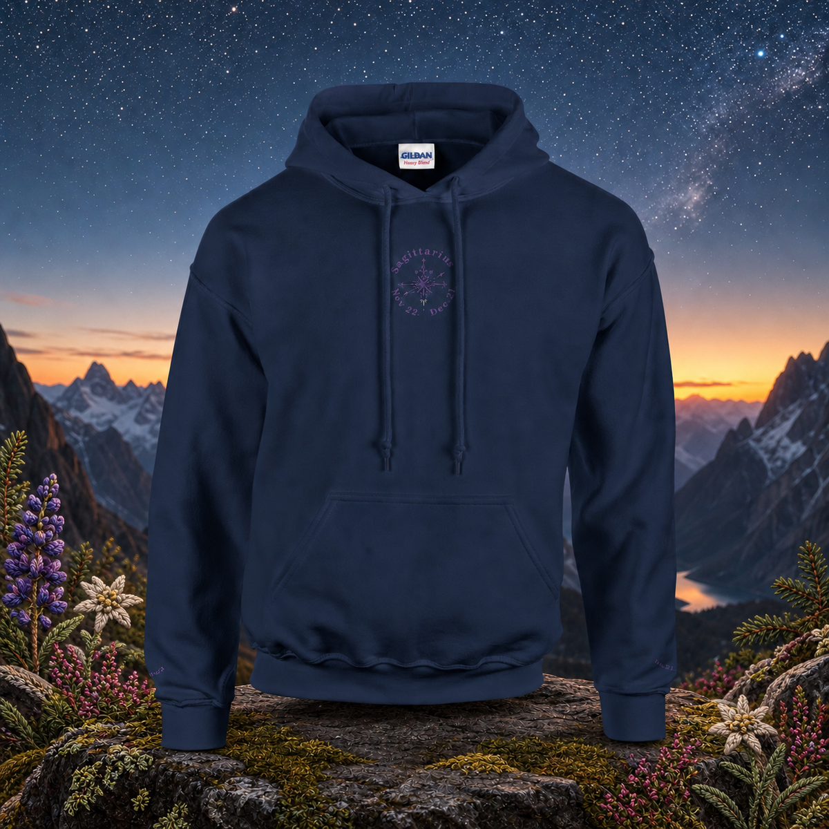 Sagittarius Zodiac Hoodie in Navy – Bright Future product image — original product in a realistic nature scene with embroidered environmental details.