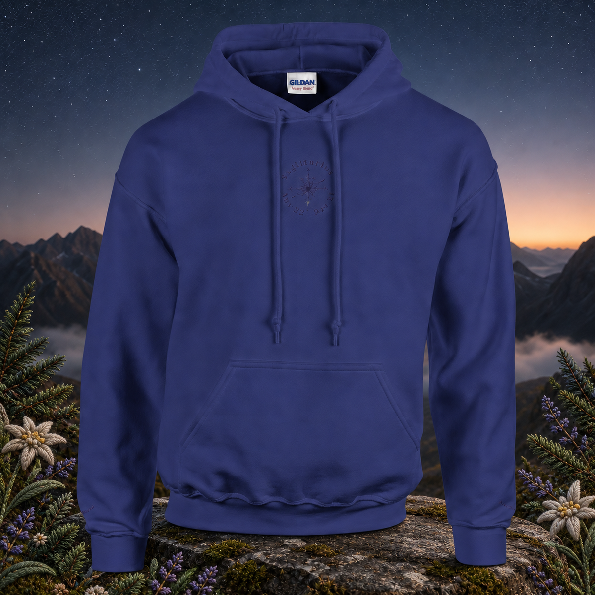 Sagittarius Zodiac Hoodie in Purple – Bright Future product image — original product in a realistic nature scene with embroidered environmental details.