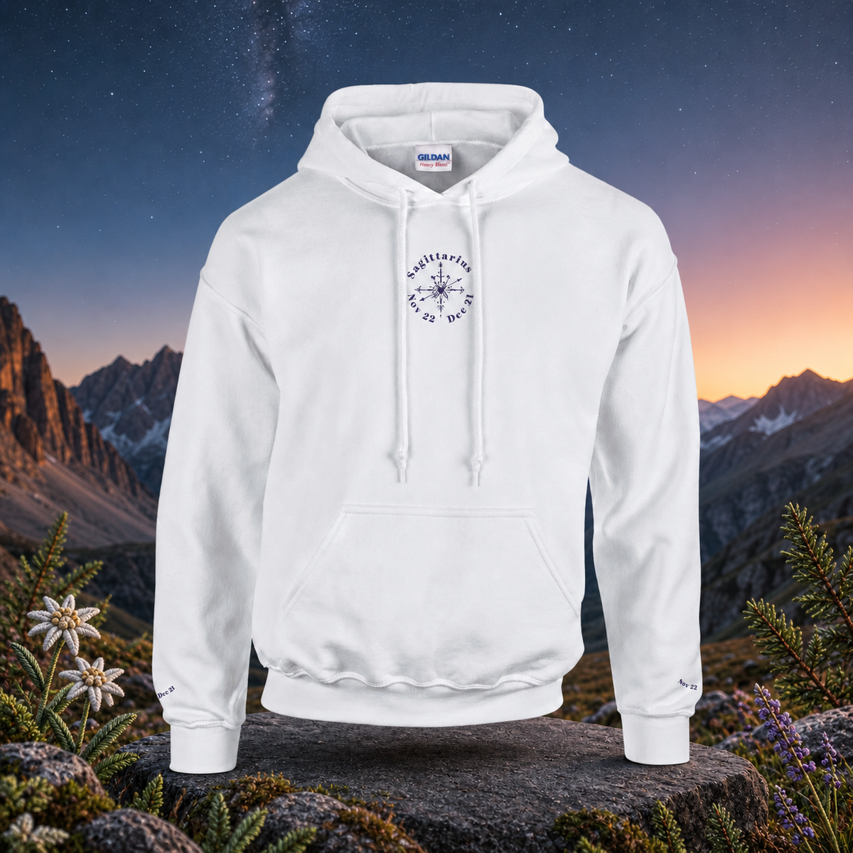 Sagittarius Zodiac Hoodie in White – Bright Future product image — original product in a realistic nature scene with embroidered environmental details.