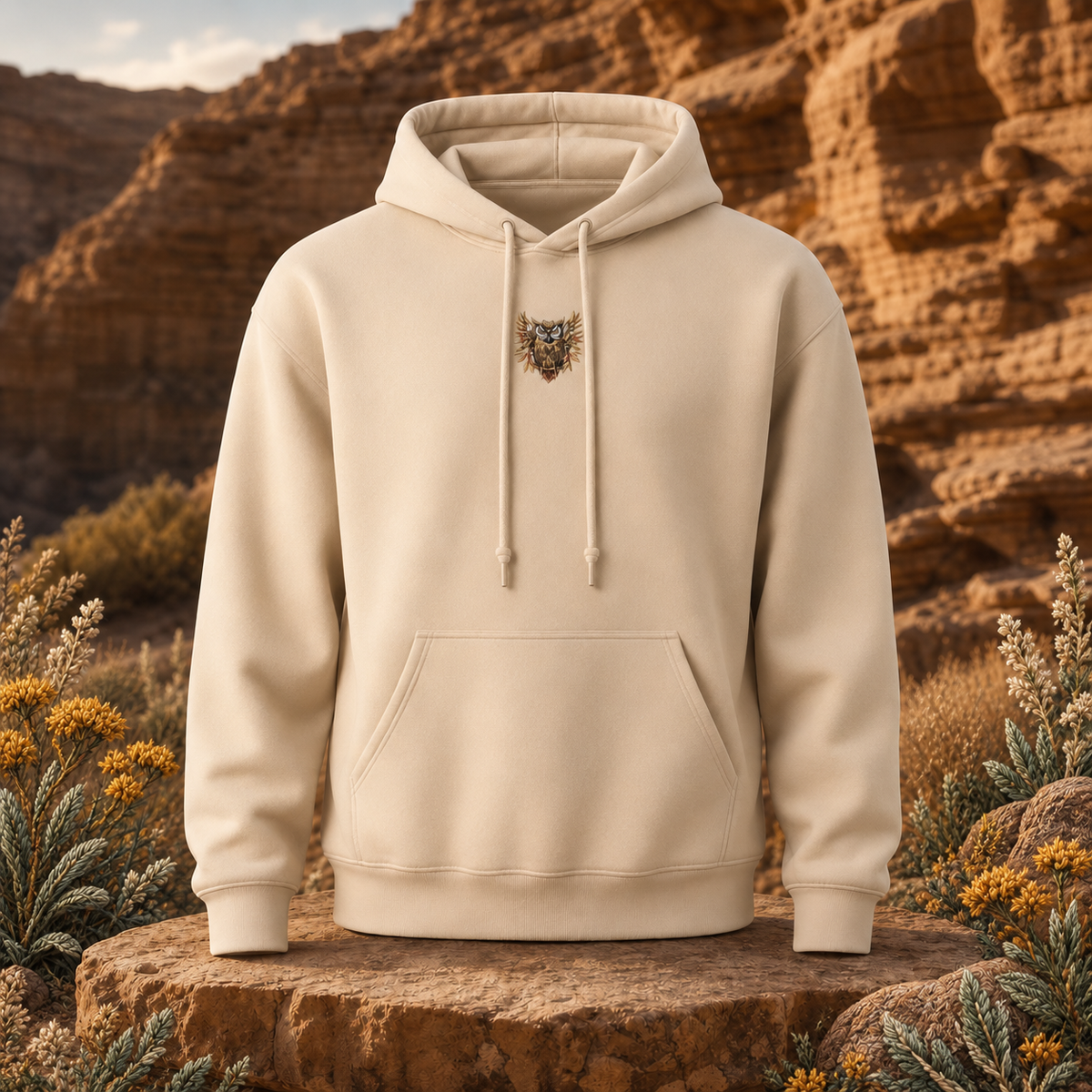 Owl Hoodie – Wisdom, Intuition & Mystery in Sand – Bright Future product image — original product in a realistic nature scene with embroidered environmental details.